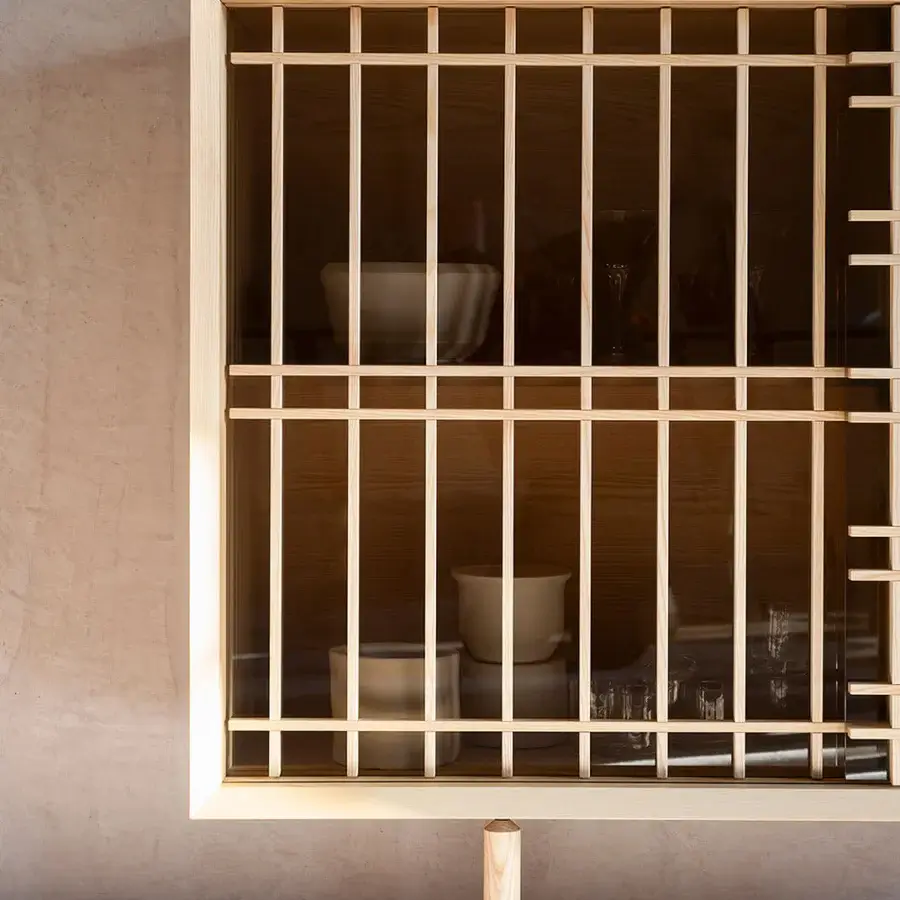 Exceptional Potocco Sen cupboard crafted in Italy with solid ash slats and a matte finish