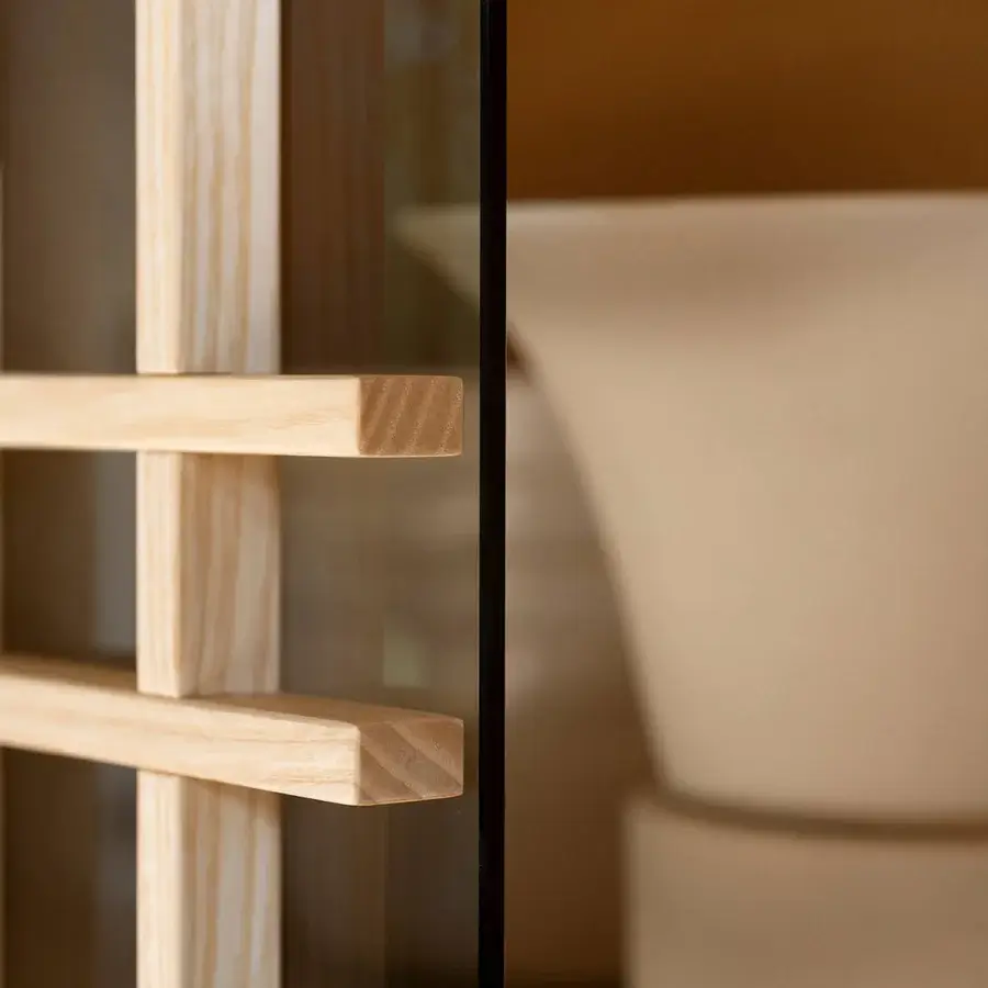 Distinguished Potocco Sen cupboard crafted in solid ash and glass with a pale beige finish and grid pattern