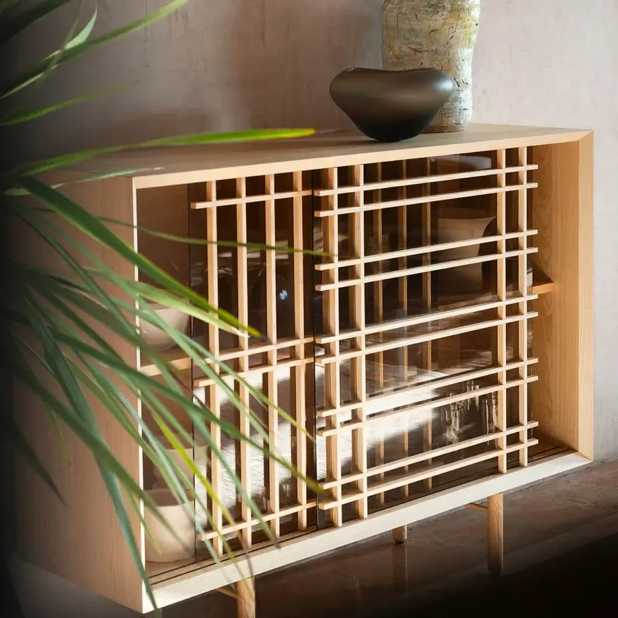 Elegant Potocco Sen cupboard crafted in Italy with solid ash, a satin finish and distinctive wooden grille detailing