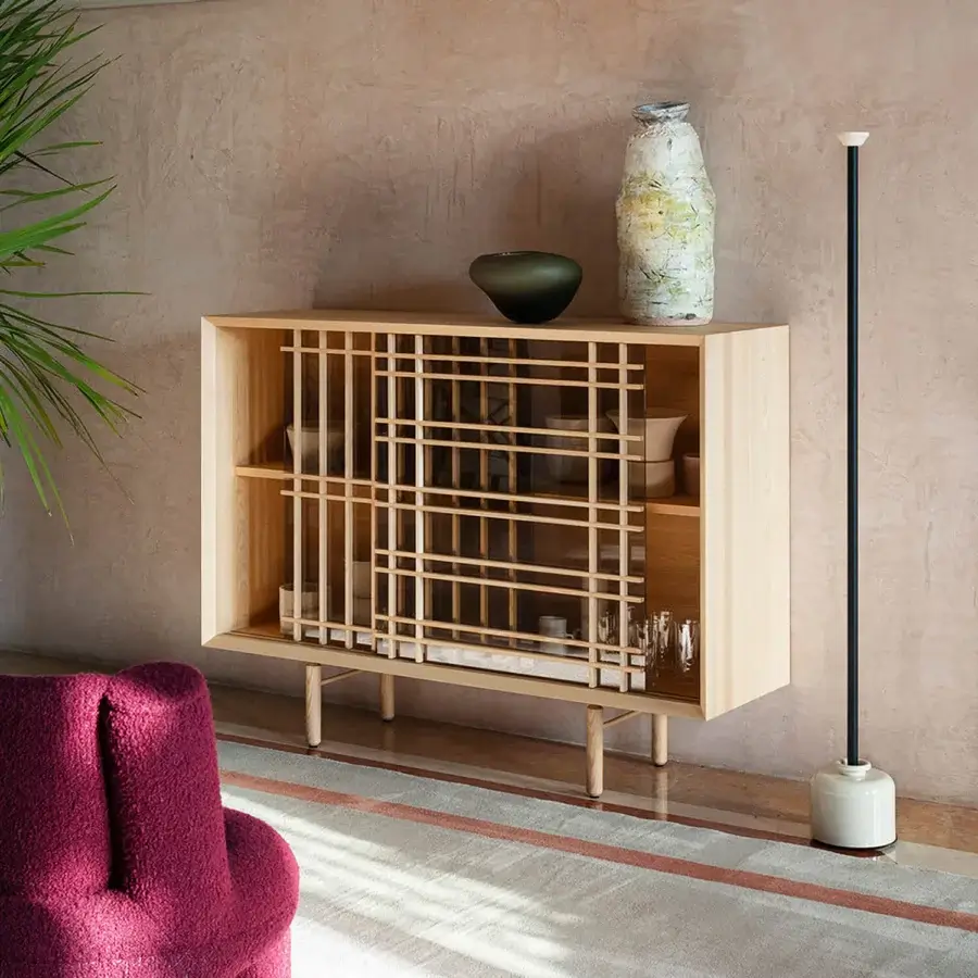 Exceptional Potocco Sen cupboard crafted in Italy with solid ash grilles on glass, a satin finish highlighting natural wood grain
