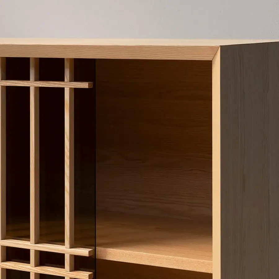 Distinguished Potocco Sen cupboard with tinted glass sliding doors and solid ash grilles in a pale natural wood satin finish