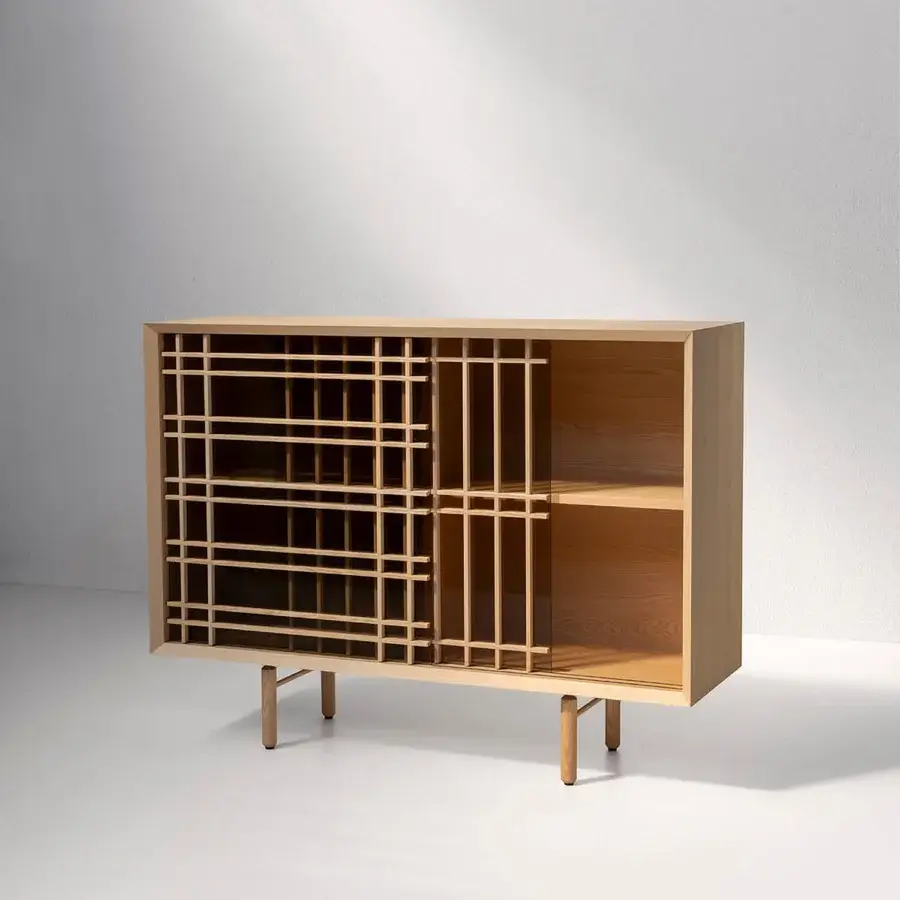 Superior Potocco Sen cupboard crafted in Italy from solid ash with a satin finish and geometric wooden slats