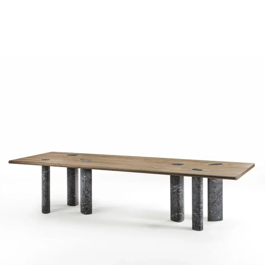 Distinctive Porada Osmose table crafted in canaletto walnut with a matte finish and subtly veined marble base with droplet inserts