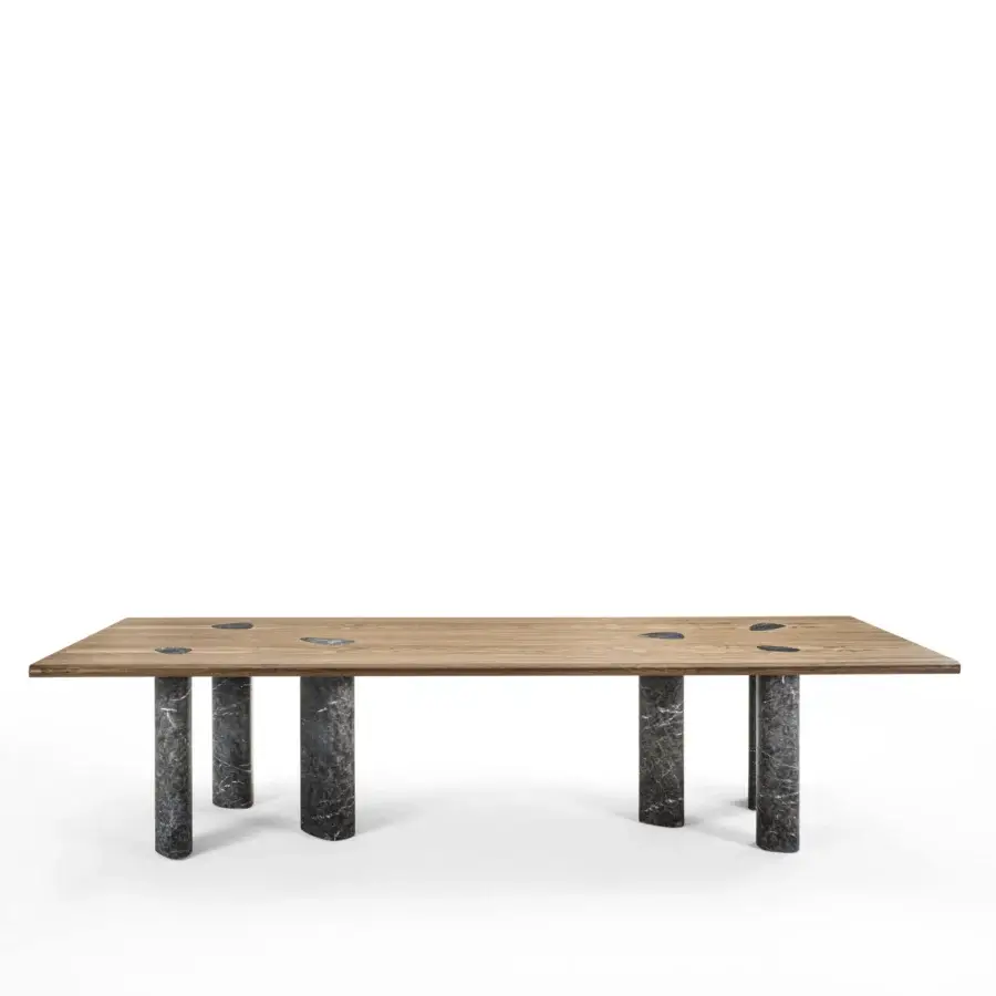 Exceptional Porada Osmose table crafted in canaletto walnut with marble inserts and a matte finish