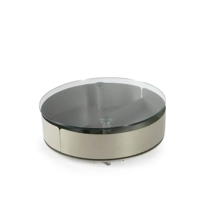 Distinguished Naos Theta coffee table with clear glass top and satin beige-gray metal base crafted in Italy