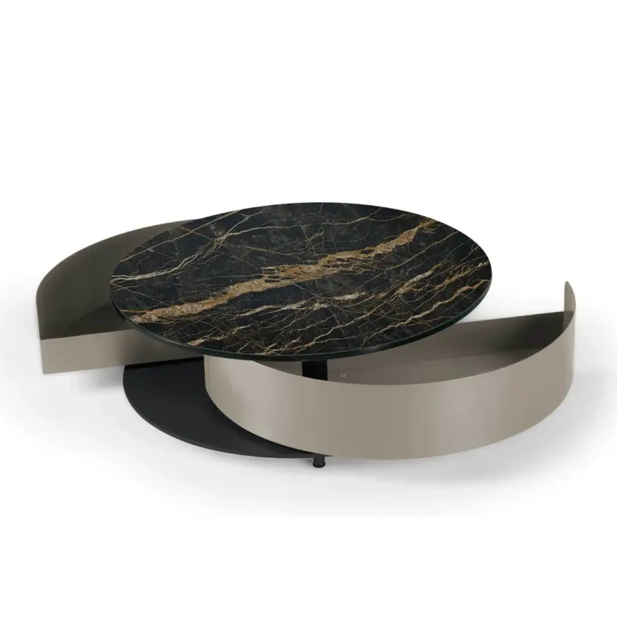 Distinguished Naos Theta coffee table with dark veined marble tabletop and light beige painted finish