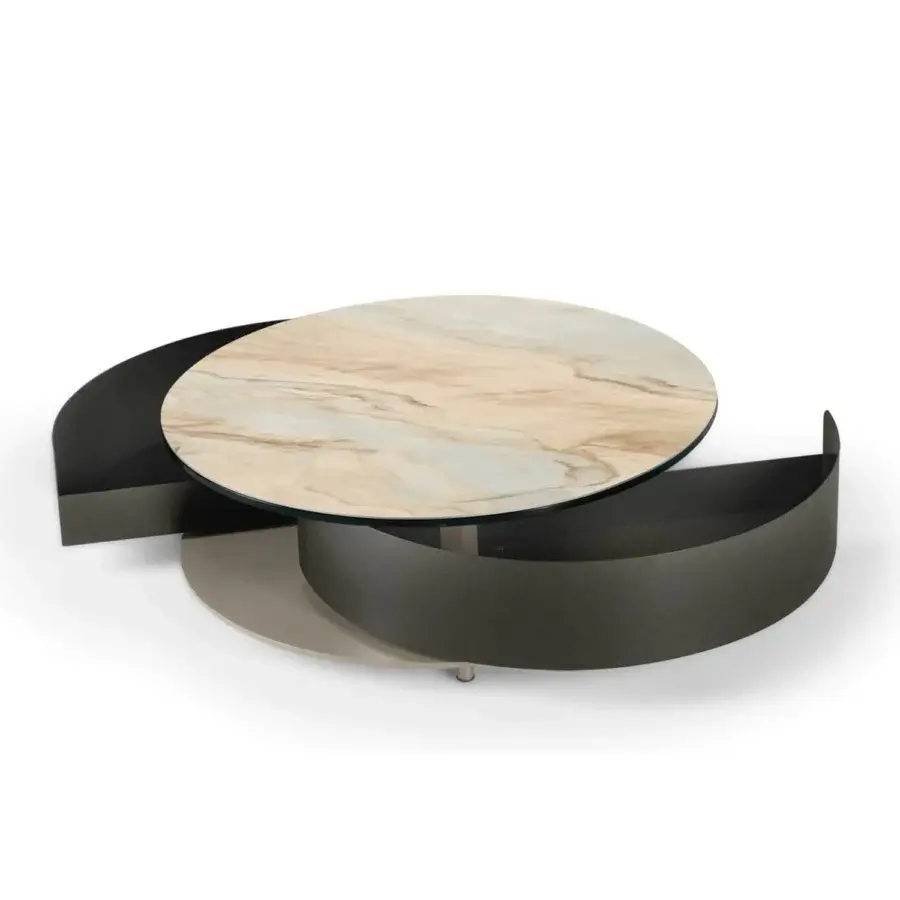 Elegant Naos Theta coffee table with marbled beige and pale blue ceramic top and matte dark gray cylindrical base built with synchronized drawers