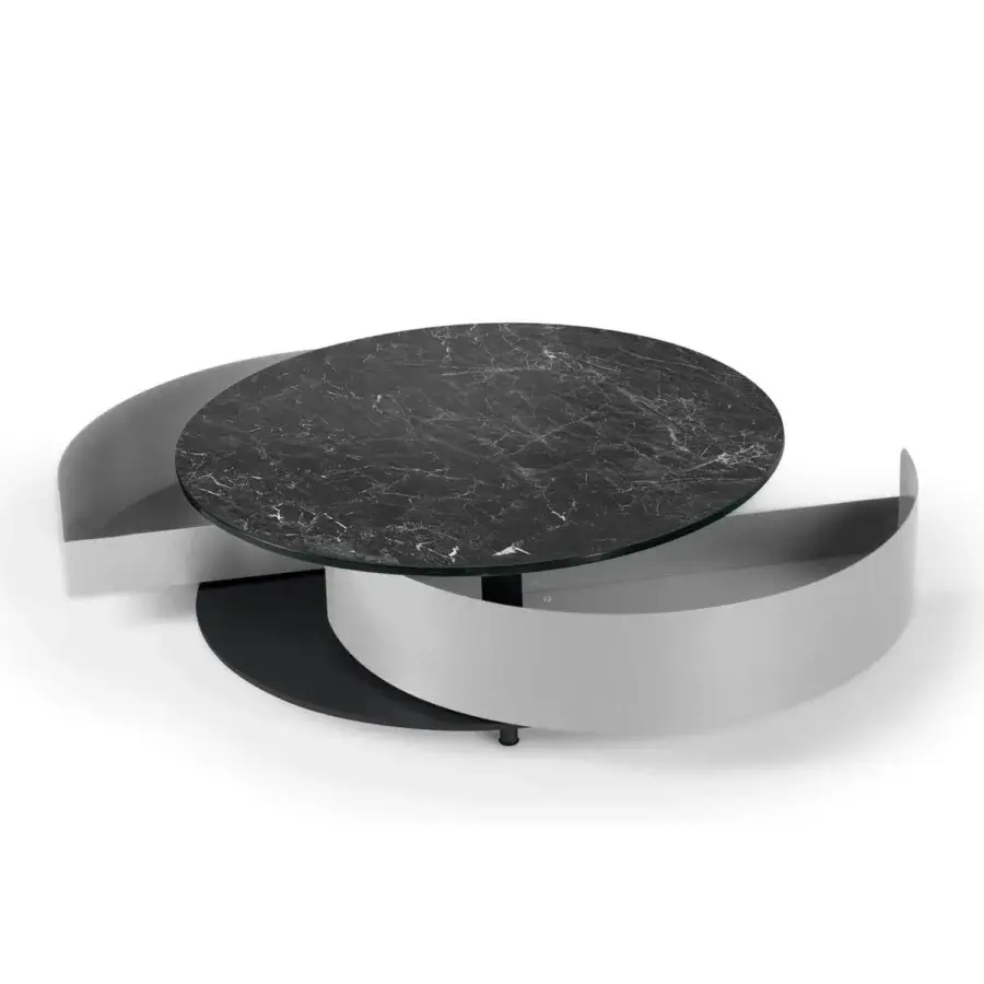Distinguished Naos Theta coffee table with white-veined ceramic top and matte painted cylindrical base crafted with synchronized dual drawers