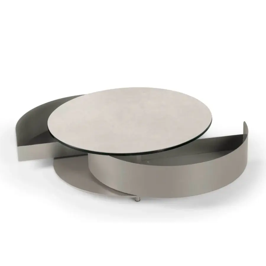 Superior Naos Theta coffee table with circular ceramic tabletop and neutral beige painted finish offering synchronized dual drawers