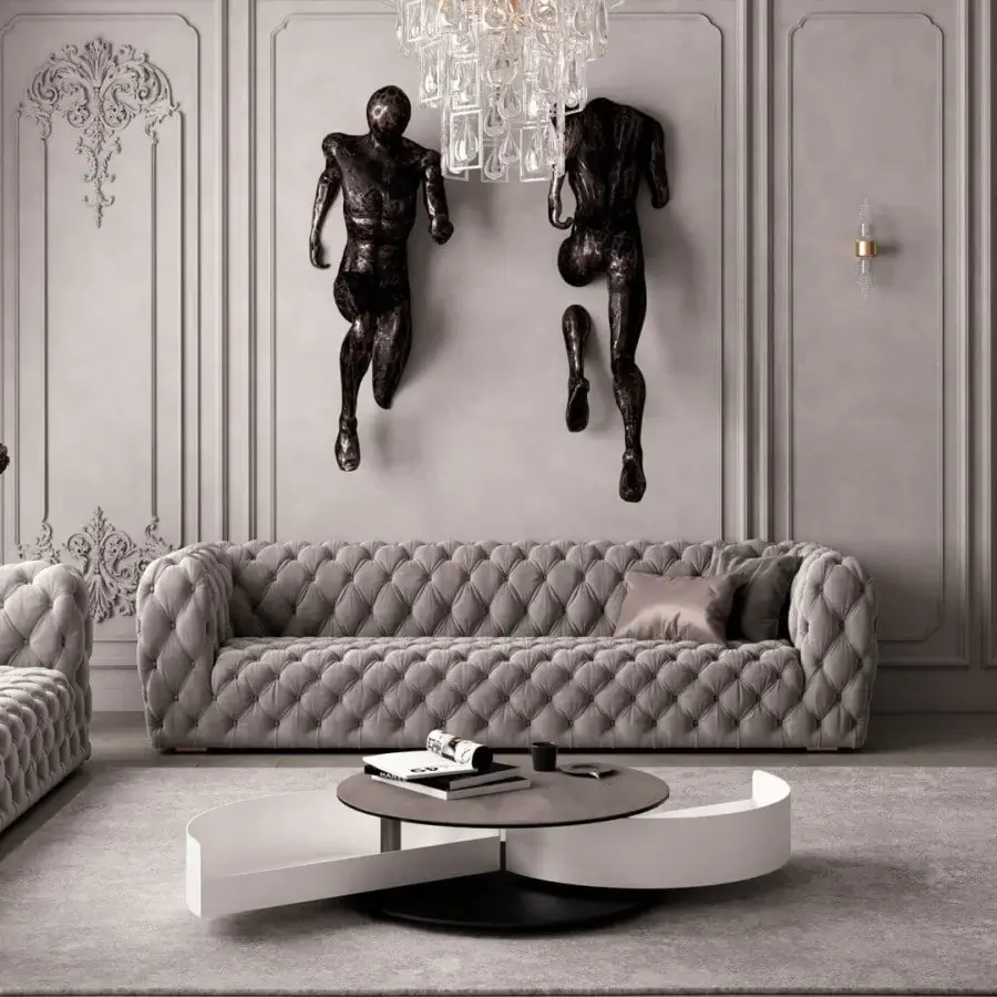 Elegant Naos Theta coffee table with white ceramic top and dark metal base crafted in Italy with synchronized dual drawers