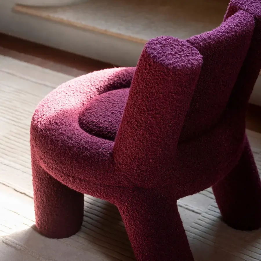 Superior Potocco Softy lounge chair in deep plum with plush Bess, Cortina, Dolly or Uniform Melange by Kvadrat fabric upholstery