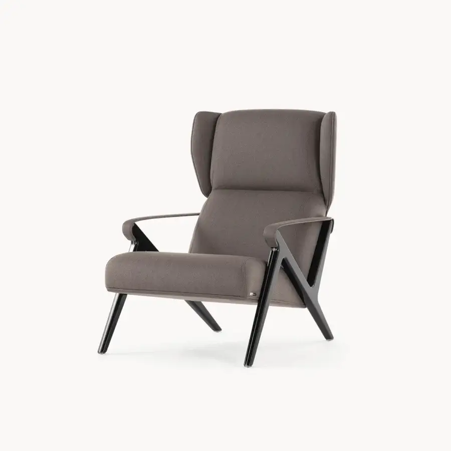 Elegant Visionnaire Imagine lounge chair with poplar wood, neutral gray textile upholstery and contrasting leather armrests