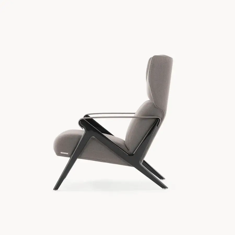 Distinguished Visionnaire Imagine lounge chair with poplar wood, multi-density padding and neutral gray fabric upholstery with glossy black lacquered legs