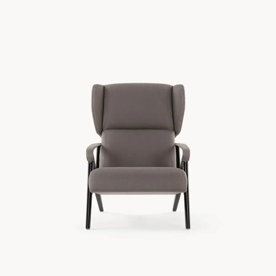 Superior Visionnaire Imagine lounge chair with poplar wood, muted gray textile upholstery and glossy black lacquered legs