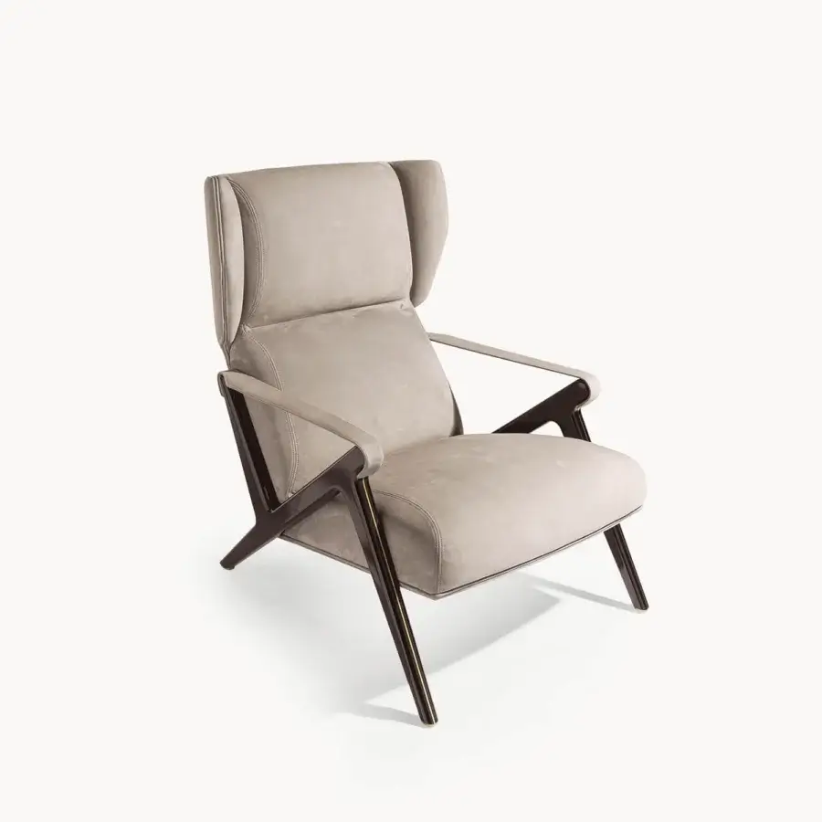 Captivating Visionnaire Imagine lounge chair with poplar wood, muted gray suede-like textile and glossy black lacquered legs
