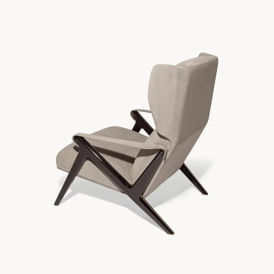 Exceptional Visionnaire Imagine lounge chair with poplar wood, neutral gray fabric upholstery and glossy black lacquered legs