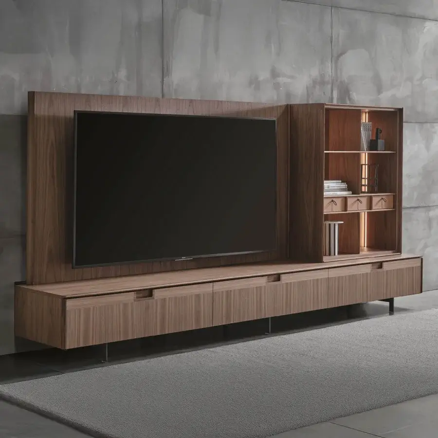 Distinguished Porada Matics TV cabinet crafted with Canaletta walnut and pewter, exhibiting a subtle graphic wood grain inlay and matte finish