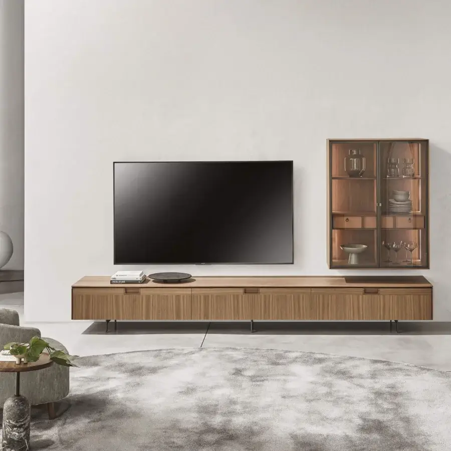 Refined Porada Matics TV cabinet with Canaletta walnut and pewter, displaying a satin finish