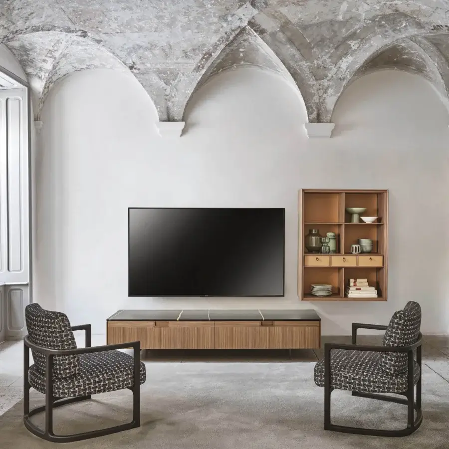 Distinguished Porada Matics TV cabinet crafted with Canaletta walnut and a pewter base, showcasing alternating grain inlays and a satin finish