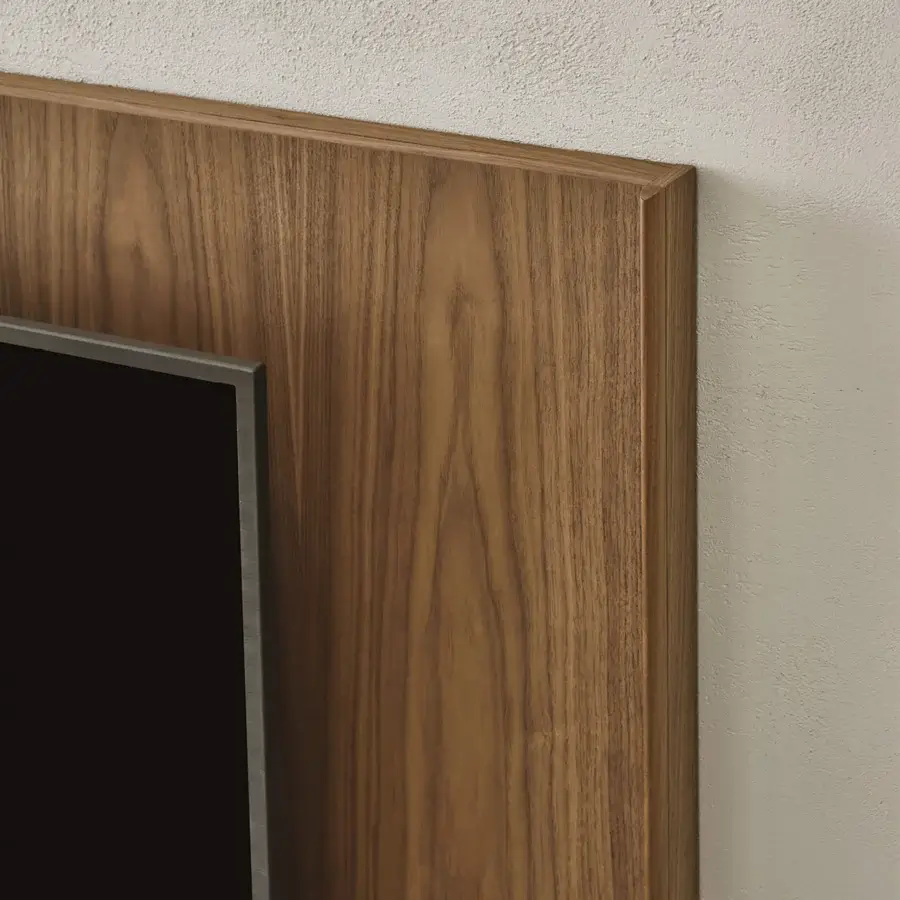 Superior Porada Matics TV cabinet crafted with Canaletta walnut and pewter-finished metal in satin matte tone