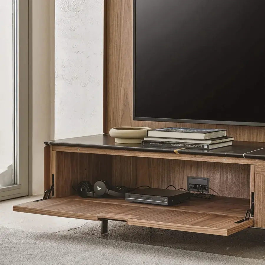 Elegant Porada Matics TV cabinet with Canaletta walnut, a satin finish and contrasting marble top