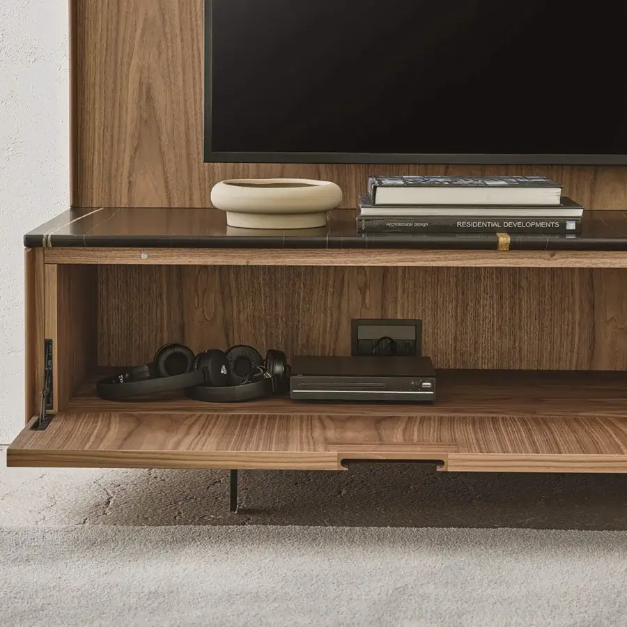 Refined Porada Matics TV cabinet with Canaletta walnut, pewter-finished metal and dark gray veined marble in a satin finish