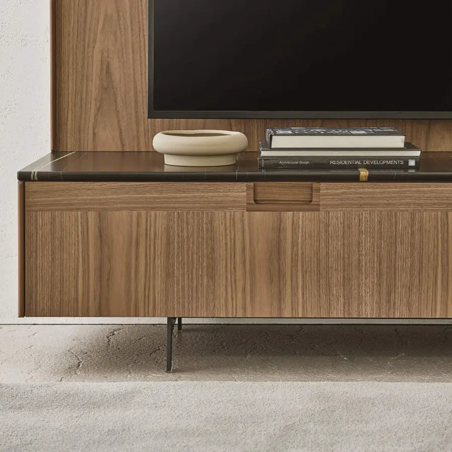 Distinguished Porada Matics TV cabinet crafted with Canaletta walnut, dark marble and pewter-finished metal in a matte finish