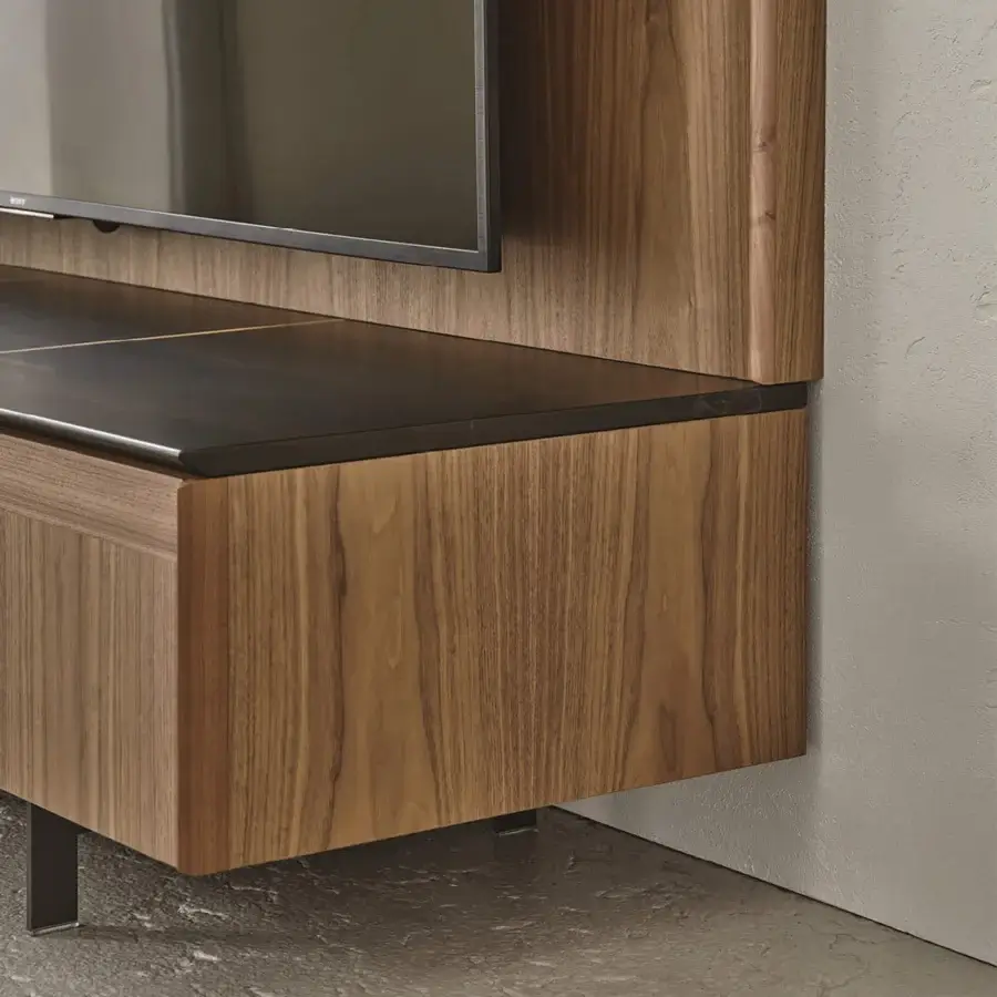 Exceptional Porada Matics TV cabinet crafted with Canaletta walnut and a satin pewter-finished metal base