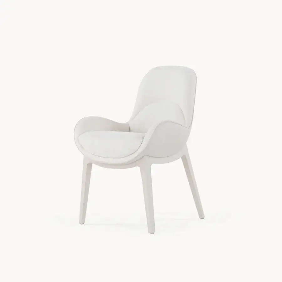 Exceptional Visionnaire Opus armchair with textured light neutral fabric and curved cylindrical bands built with stainless steel base