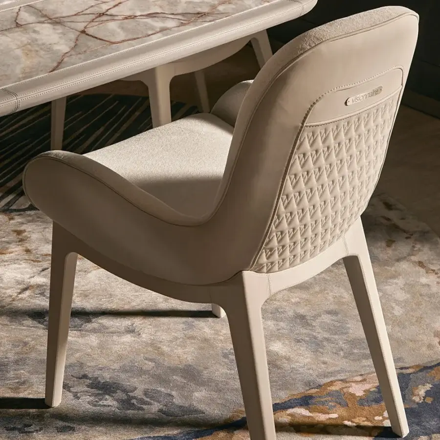 Distinctive Visionnaire Opus armchair with neutral beige acrylic fiber textile and stainless steel base built with gas-lift adjustment