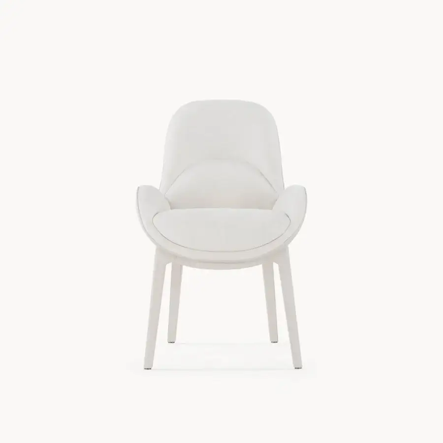Exceptional Visionnaire Opus armchair with textured neutral textile upholstery and high-performance stainless steel base