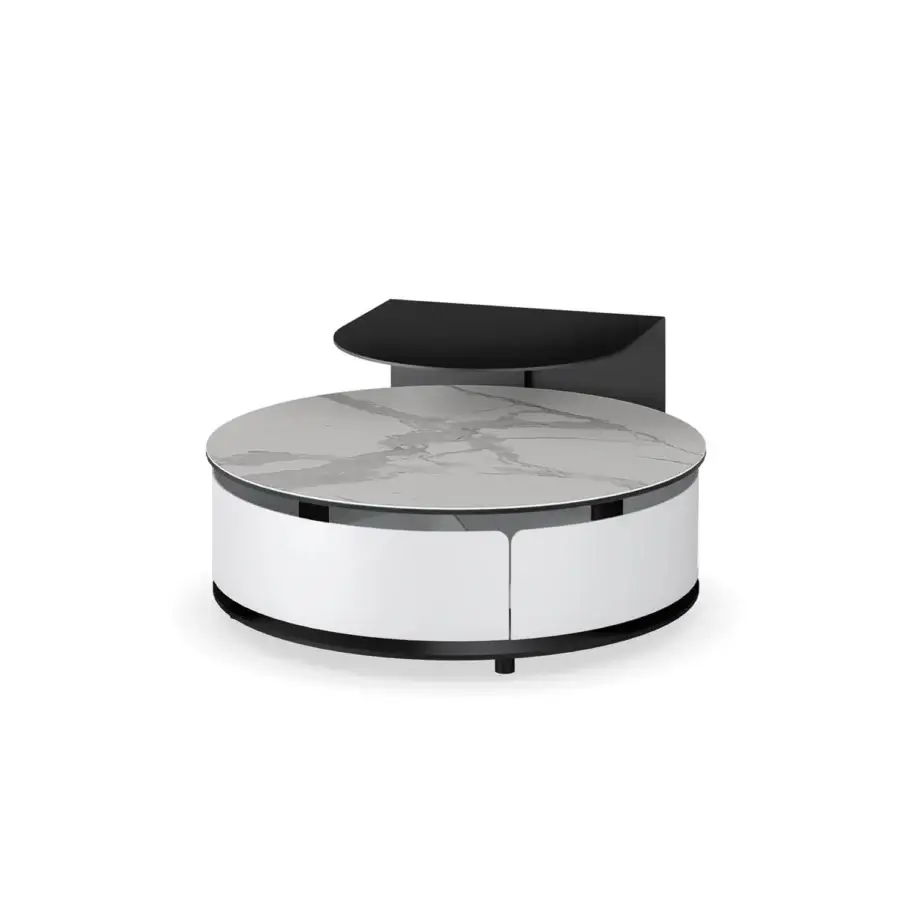 Sophisticated Naos Theta Shelf Coffee Table with grey and white veined ceramic tabletop and painted base