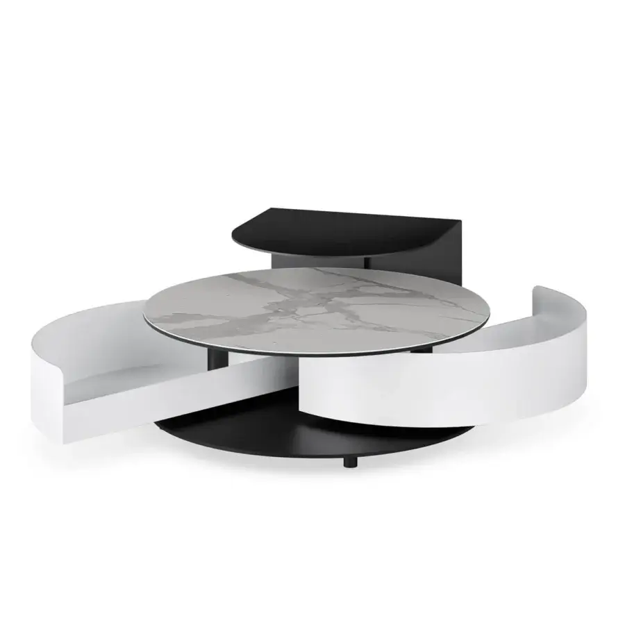 Exclusive Naos Theta Shelf Coffee Table with polished ceramic top and painted finish in contrasting black and white hues