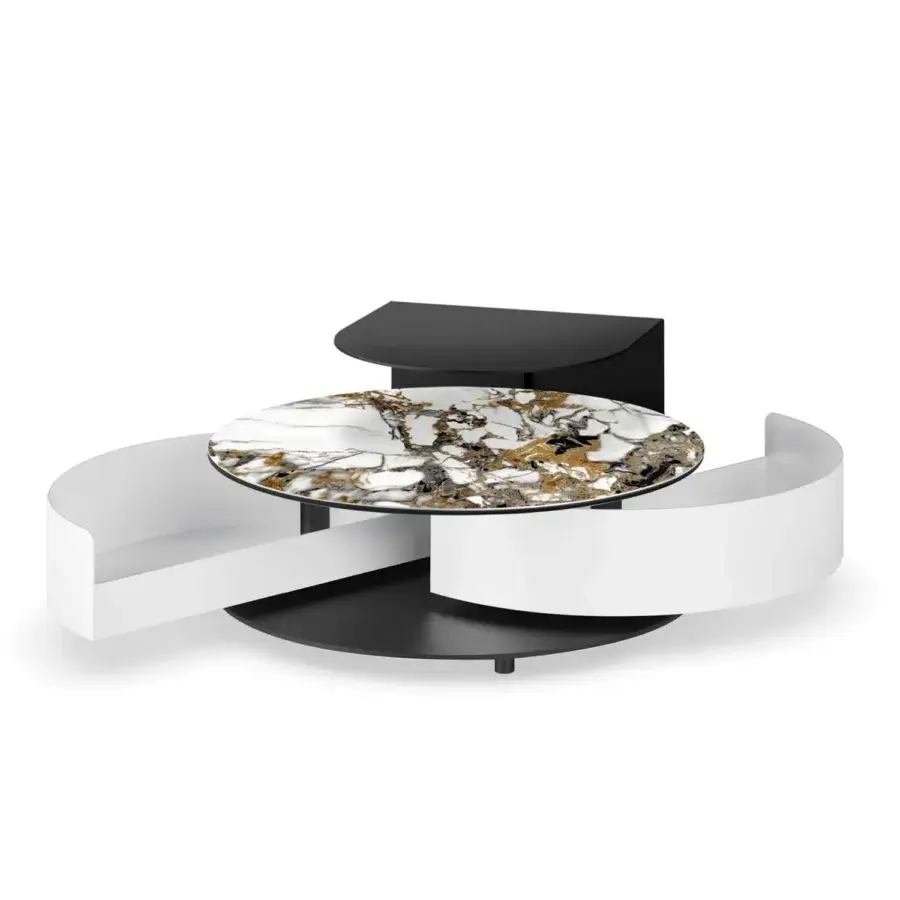 Captivating Naos Theta Shelf Coffee Table with round ceramic tabletop displaying gold and dark veining in a painted black finish