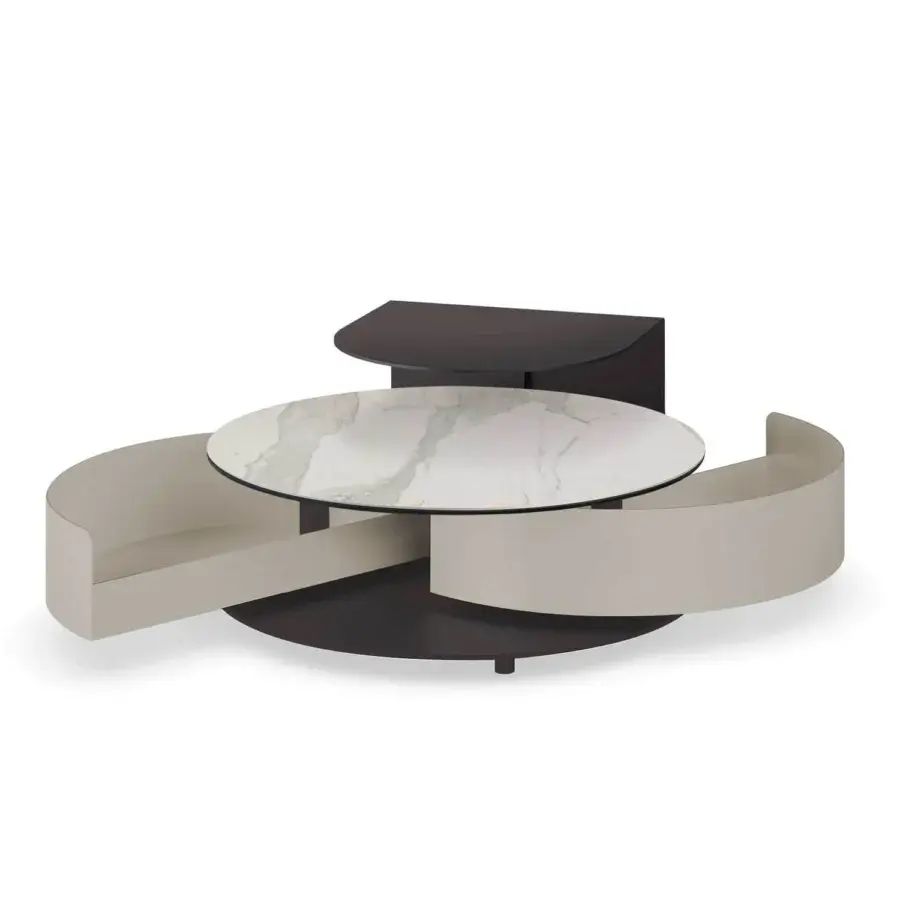 Superior Naos Theta Shelf Coffee Table with round ceramic tabletop displaying white and grey veining in dark-toned metal and off-white finishings