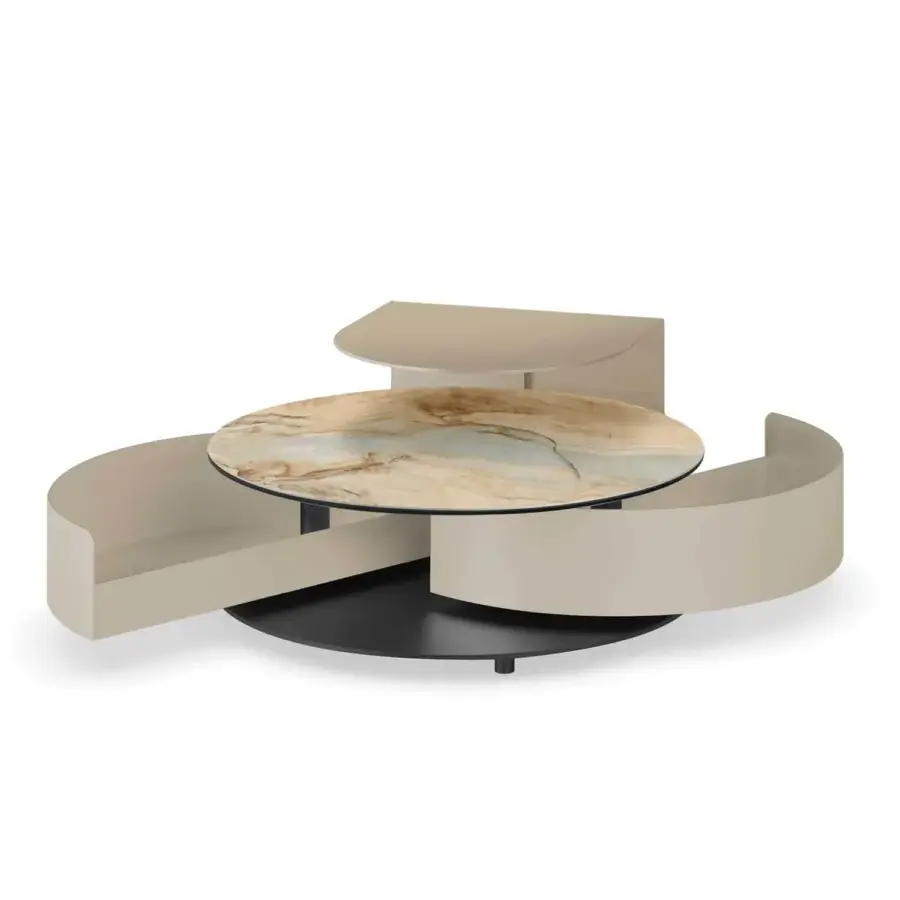Elegant Naos Theta Shelf Coffee Table with round ceramic top displaying gold and cream marble effect with painted light taupe finish