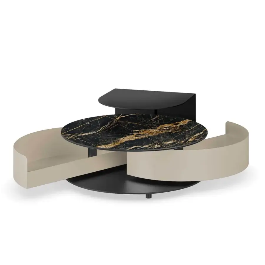 Distinguished Naos Theta Shelf Coffee Table with round ceramic top displaying gold veining and painted black finish with cream wood drawers