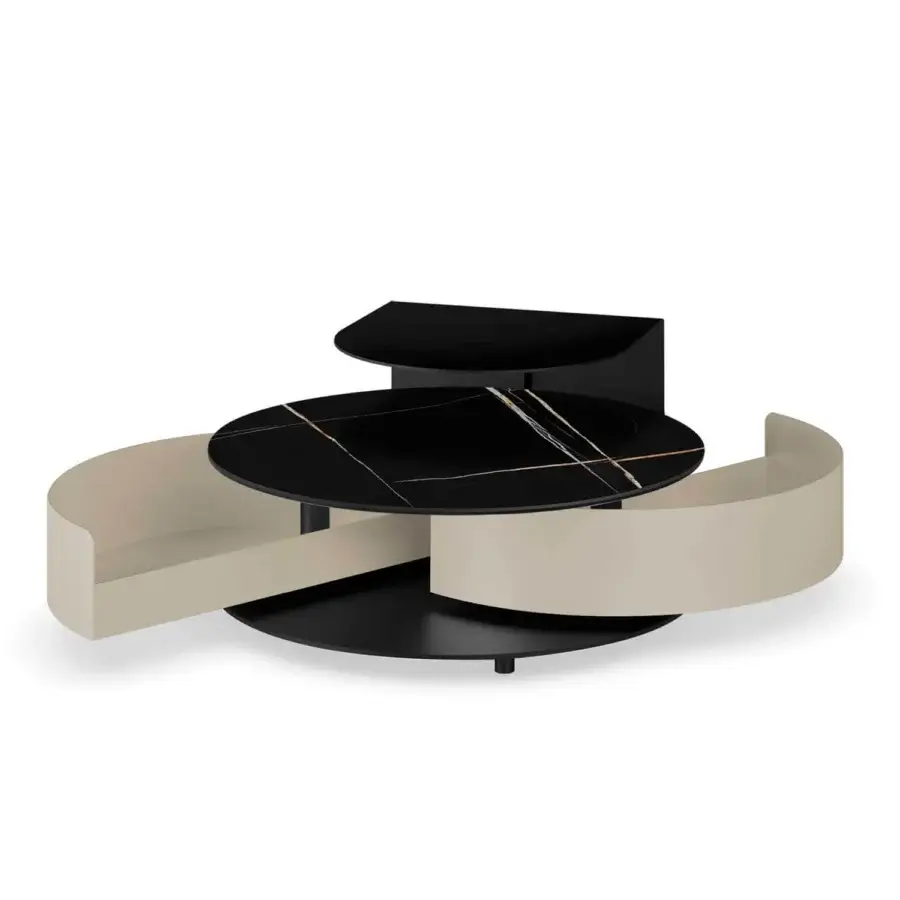 Superior Naos Theta Shelf Coffee Table with black marble-look tabletop and painted finish displaying a synchronized drawer opening mechanism