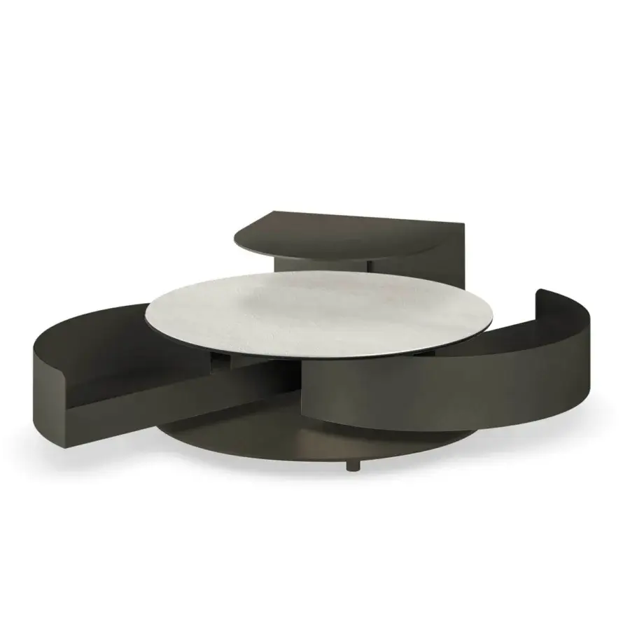Captivating Naos Theta Shelf Coffee Table with light textured ceramic top and dark matte painted base