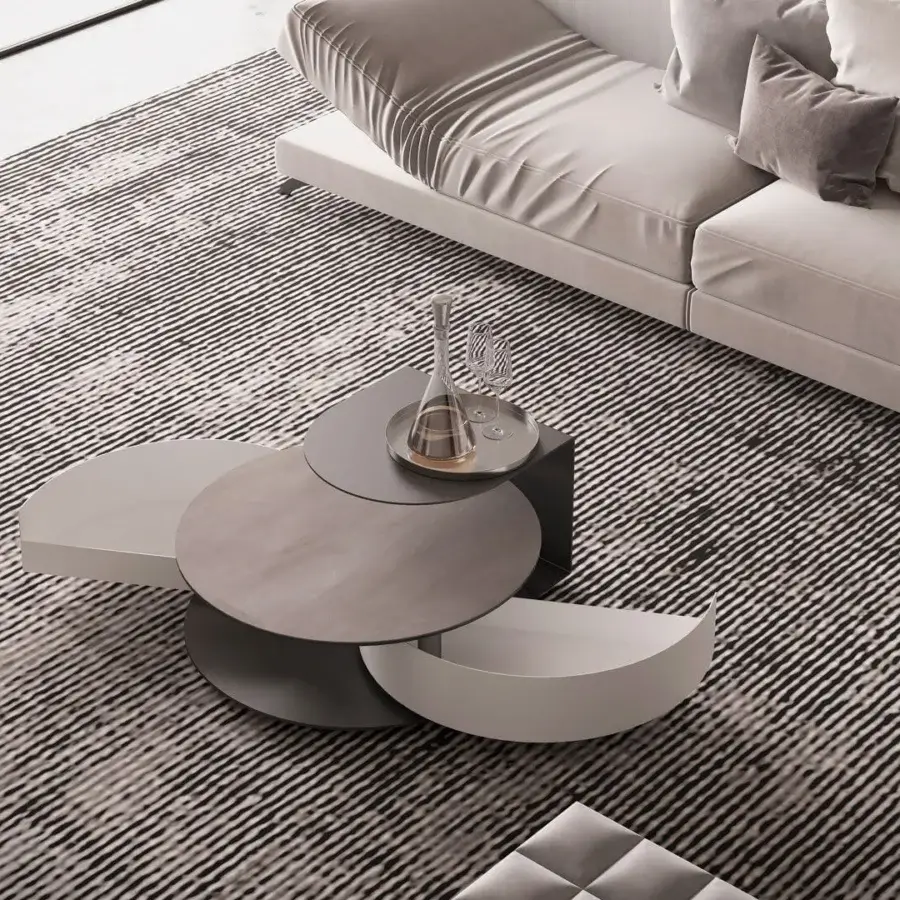 Elegant Naos Theta Shelf Coffee Table with round ceramic top and painted base built in grey-brown wood tone
