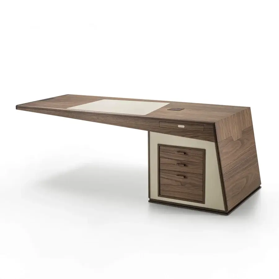 Sophisticated Porada Midì desk crafted in Canaletto walnut with a Cuoietto insert and satin sheen finish
