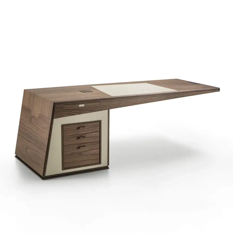 Cutting-edge Porada Midì desk crafted in Canaletto walnut with a Cuoietto insert and satin sheen finish