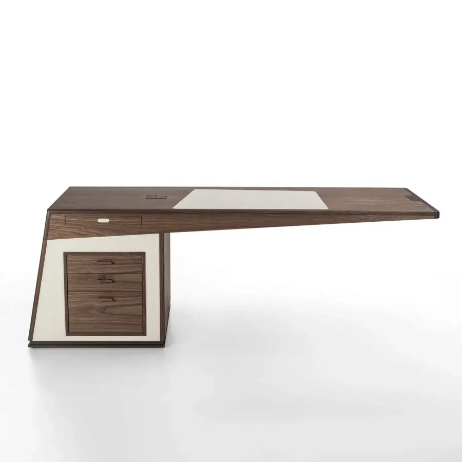 Exclusive Porada Midì desk crafted in Canaletto walnut with a Cuoietto insert and satin wood finish
