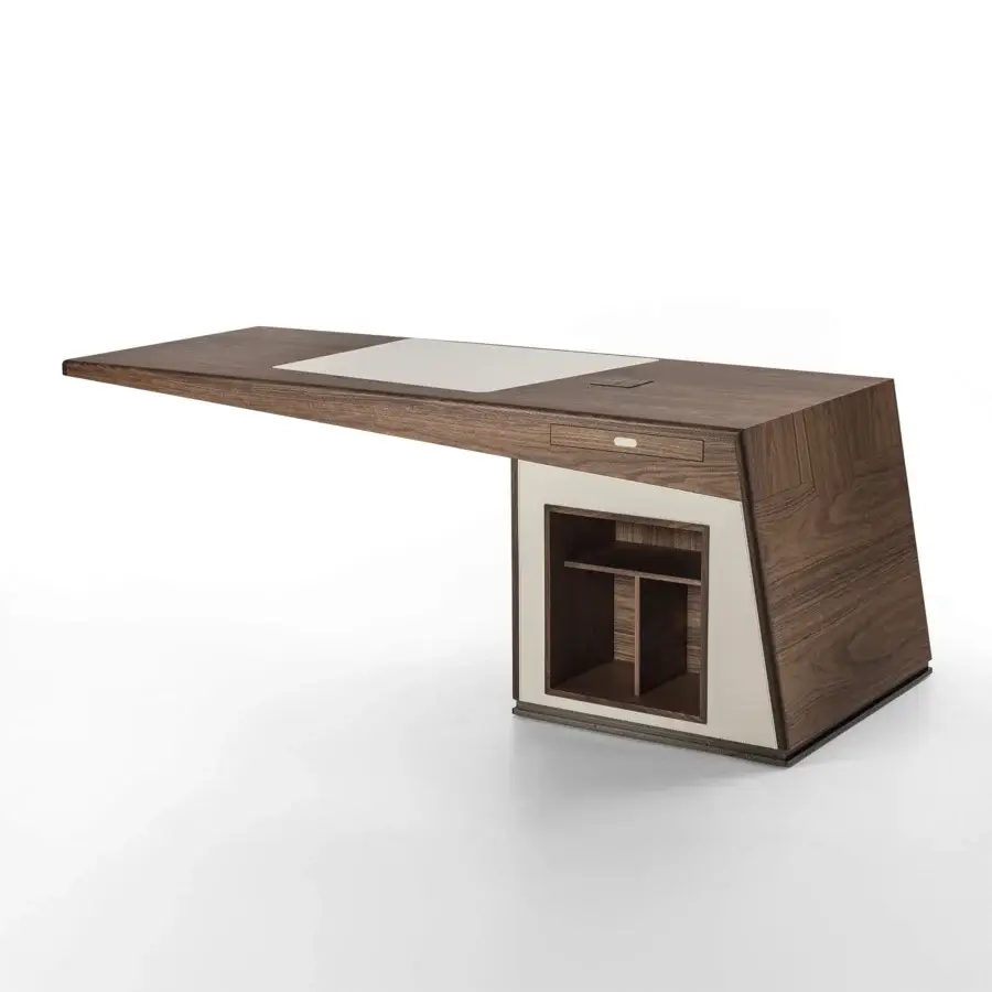 Distinguished Porada Midì desk crafted in Canaletto walnut with a satin finish and Cuoietto insert detailing