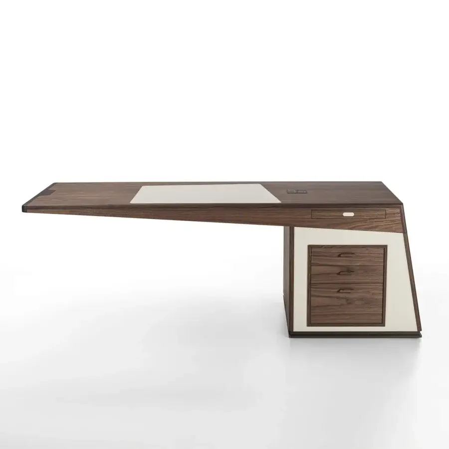 Innovative Porada Midì desk crafted in Canaletto walnut with a Cuoietto insert and satin finish