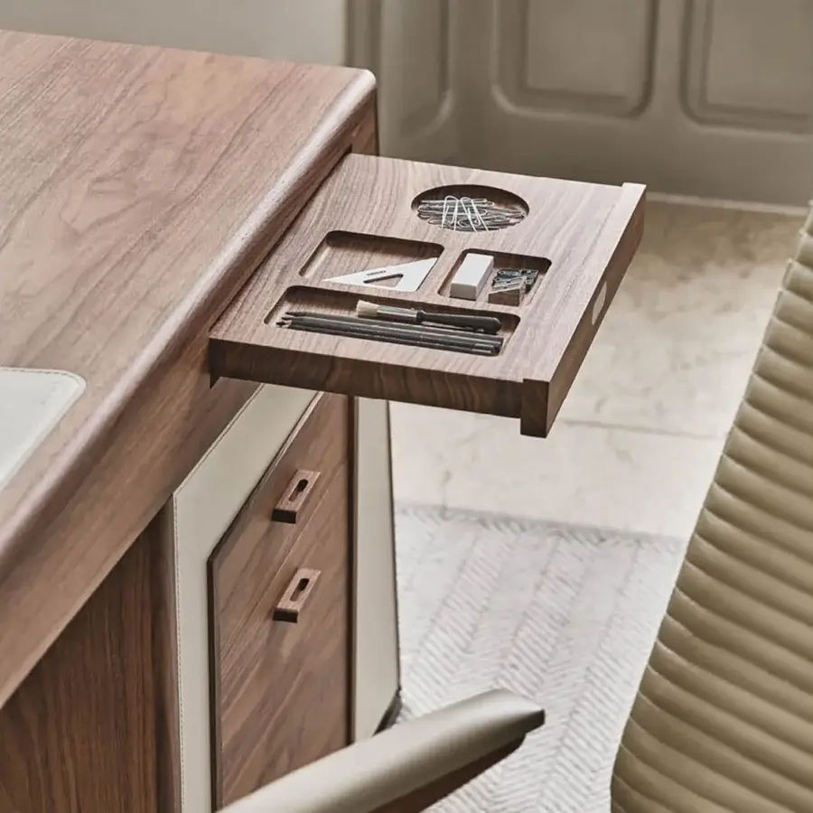 Distinguished Porada Midì desk crafted in Canaletto walnut with satin finish and Cuoietto insert