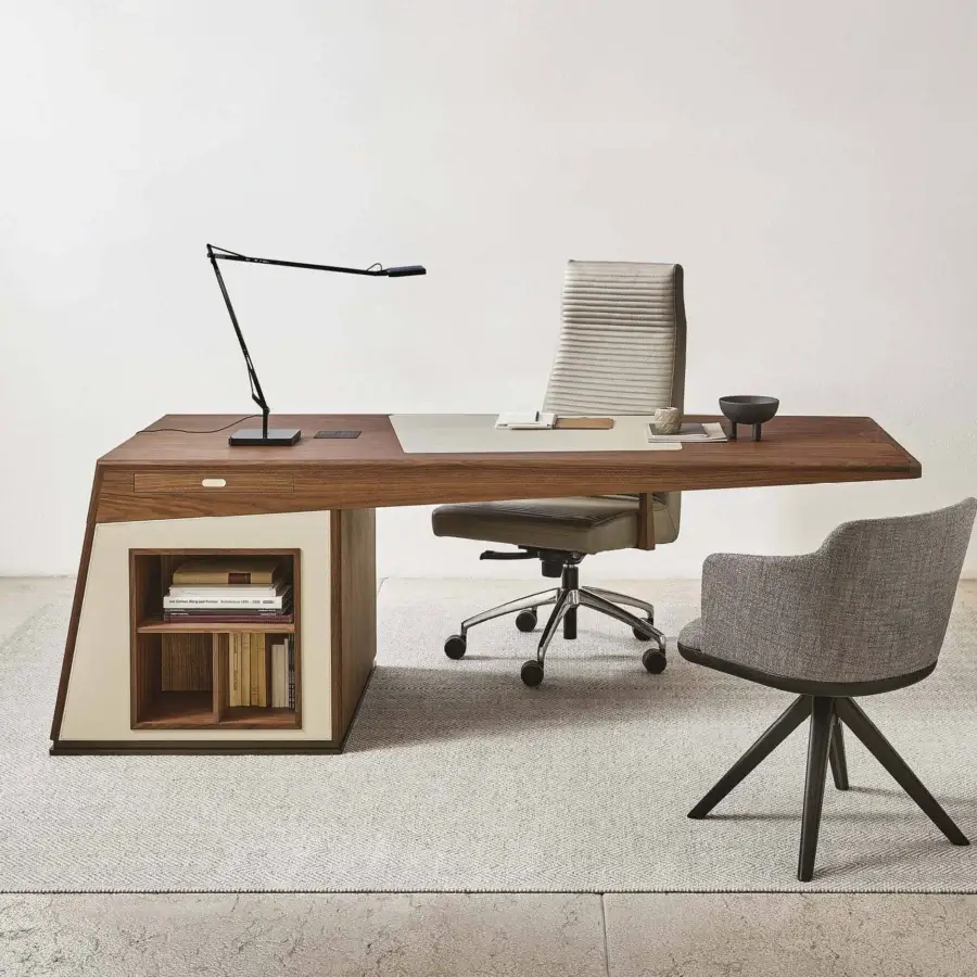 Exceptional Porada Midì desk crafted in Canaletto walnut with Cuoietto insert and satin finish