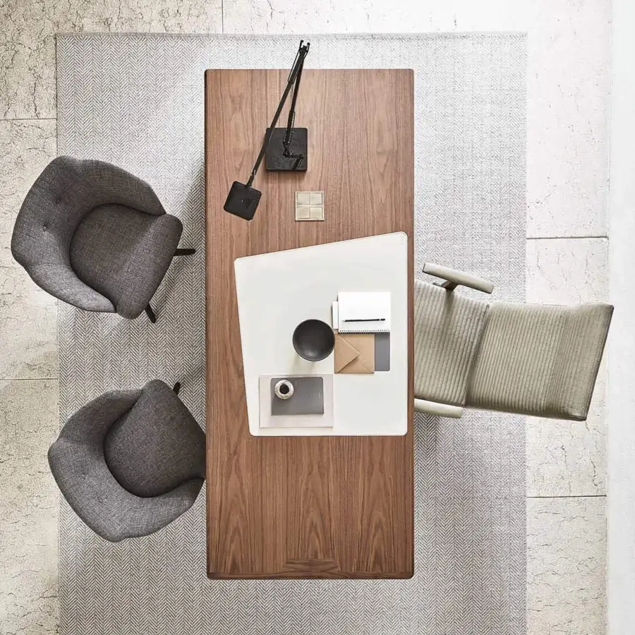 Distinguished Porada Midì desk crafted in Canaletto walnut with a Cuoietto insert and satin sheen finish