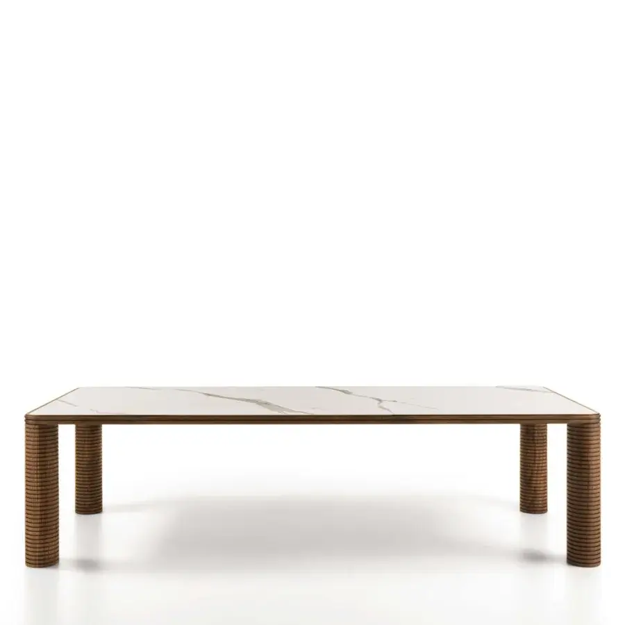Elegant Porada Sansiro table with polished marble and canaletto walnut, showcasing uniquely sculpted, ribbed legs