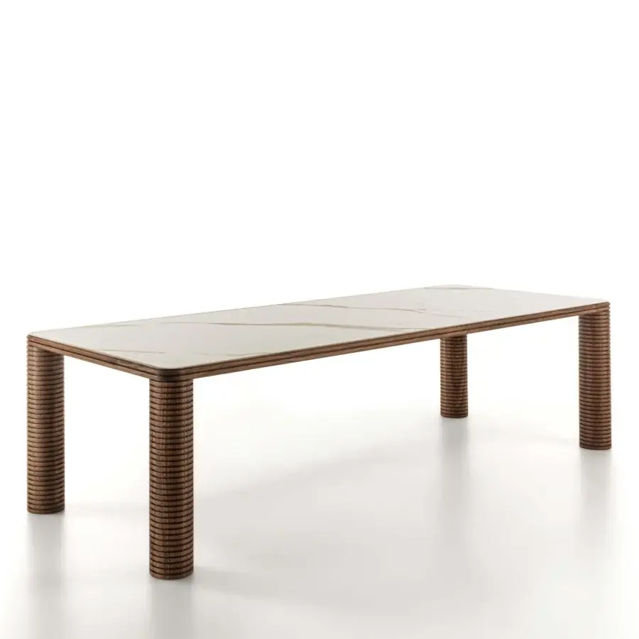 Distinguished Porada Sansiro table with creamy white marble and canaletto walnut, built with uniquely textured, ribbed legs